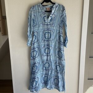 Le Sirenuse Positano Women's 40 Kaftan Maxi Dress Blue White Resort 100% Cotton